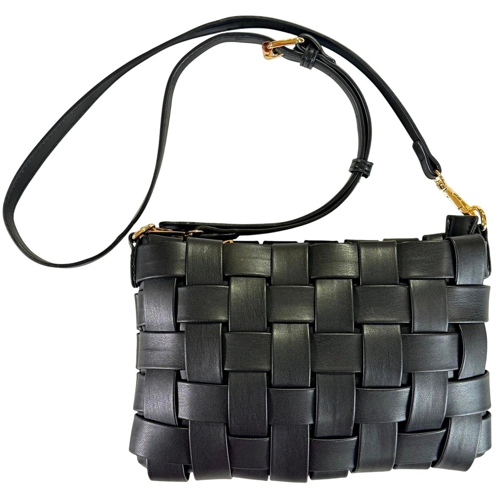 MMS Woven Crossbody Bag Black Faux Leather Gold Hardware Adjustable Strap